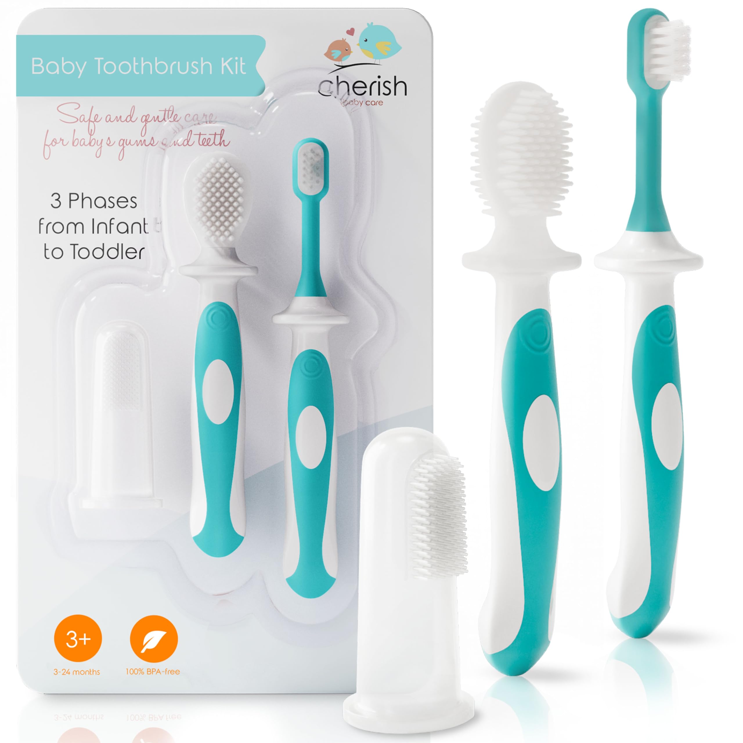 Cherish Baby Care Baby Toothbrush 0-2 Years - BPA-Free & Safety-Tested Newborn to Toddler Toothbrush Set, 2023 Award Winner, Food-Grade Silicone (Teal)