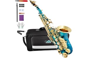 EASTROCK Soprano Saxophone Curved Bb Flat blue Sax Instruments for Beginners Intermediate Players with Carrying Case,Mouthpiece,Pads,Reed,Cleaning kit,neck Strap,White Gloves