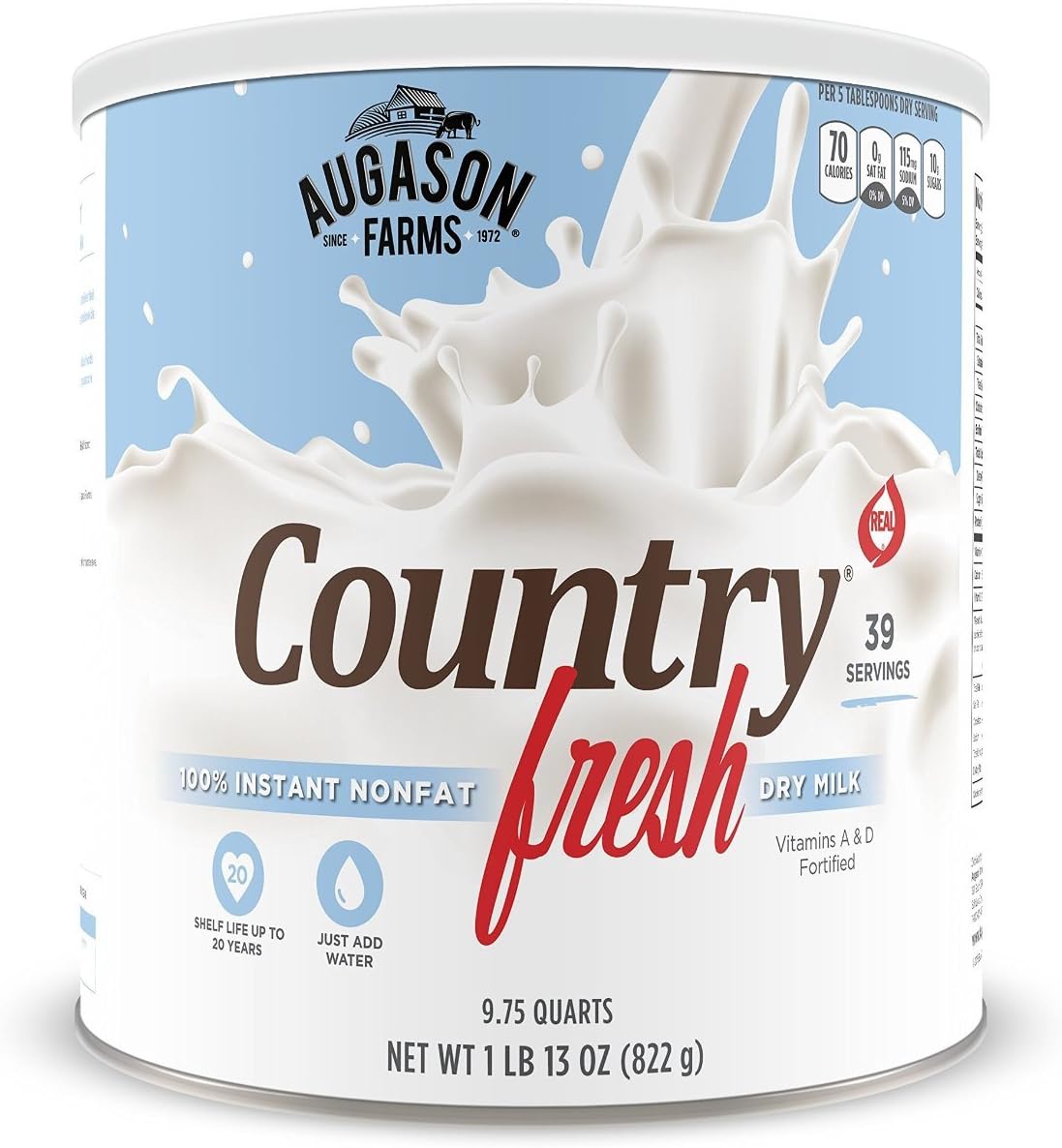 Augason Farms, Country Fresh 100% Real Instant Nonfat Dry Milk, 1lb 13oz (Pack of 4)