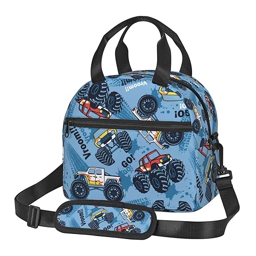 Perinsto Monster Truck Cars Pattern Lunch Bag, Reusable Insulated Lunch Box with Adjustable Shoulder Strap, Eco-friendly Aluminum Foil, 9 x 5 x 7.8 Inches