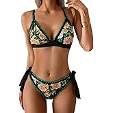 Aidonger Bikini Sets for Women Floral Two Piece Bathing Suit V Neck Shell Stitched Swimsuit Tie Side Triangle Swimwear