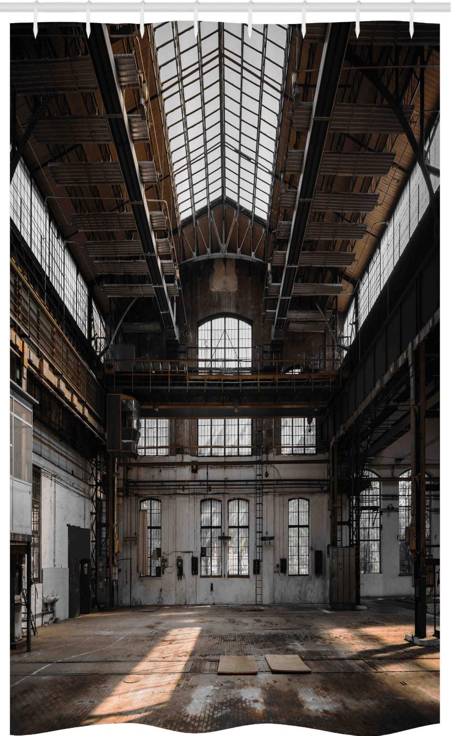 ABAKUHAUS Industrial Stall Shower Curtain, Old Hangar, Fabric Bathroom Decor Set with Hooks, 47" x 70", Brown White Grey — image 1