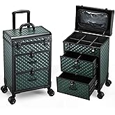 Adazzo Professional Rolling Makeup Train Case with Drawers, Makeup Case on Wheels, Nail Tech Rolling Cart Storage Organizer Trolley Make up Case for Travel Makeup/Nail Art/Hair Styling, Dark Green