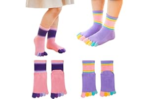 2 Pairs Cotton Five Finger Split Toe Socks Athletic Running Casual Dress Rainbow Stripe Socks for Boys Girls Kids 2-10 Years