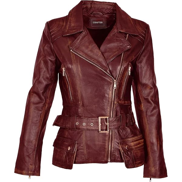Veste En Cuir Vintage Femme Bordeaux Avec Ceinture - Taille 5, Occasion Très Bon état