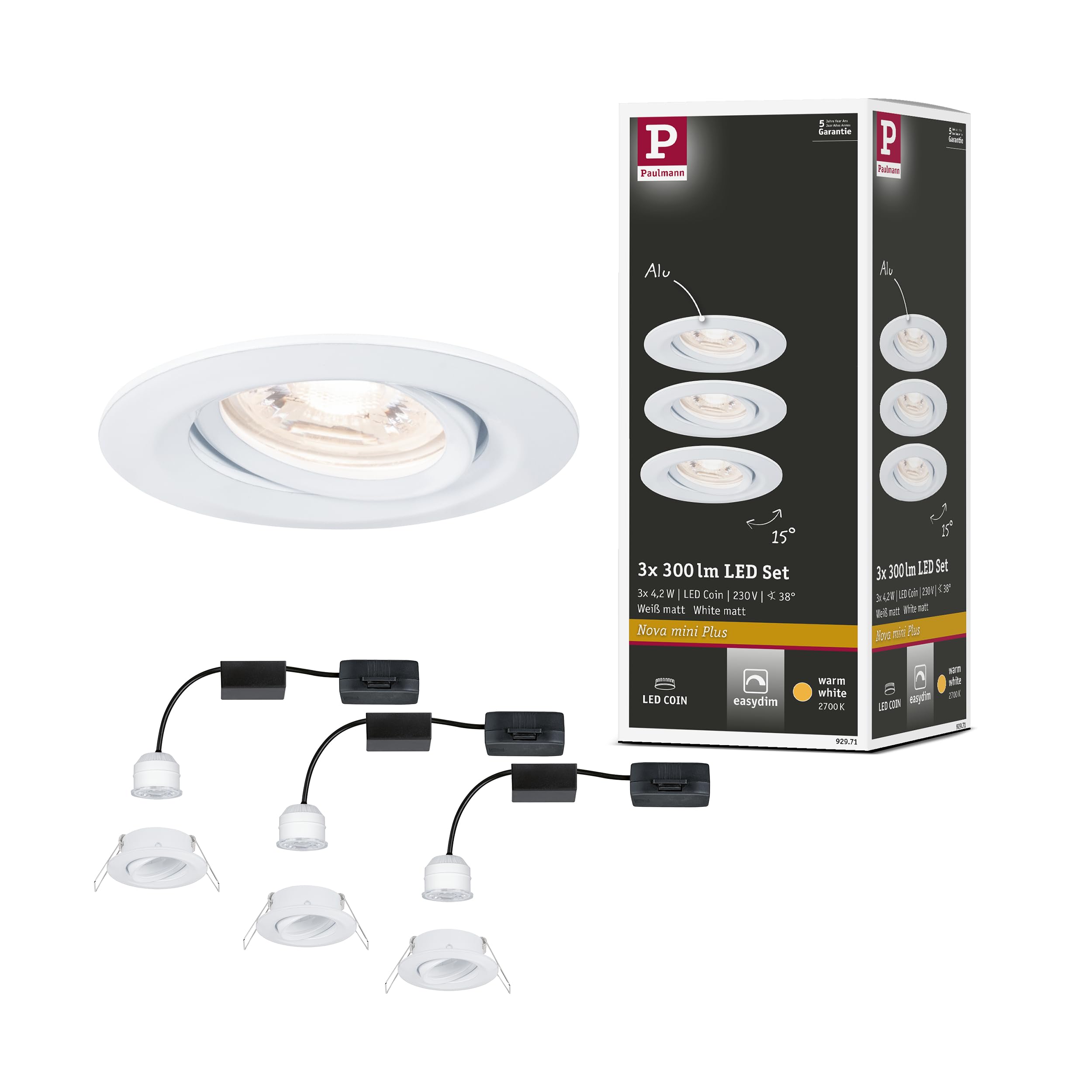 Paulmann 92971 Nova mini Plus LED recessed luminaire Coin EasyDim Round swivelling incl. 3x4.2 watt dimmable recessed Ceiling Spotlight White matt recessed lamp Aluminium Warm White 2700 K