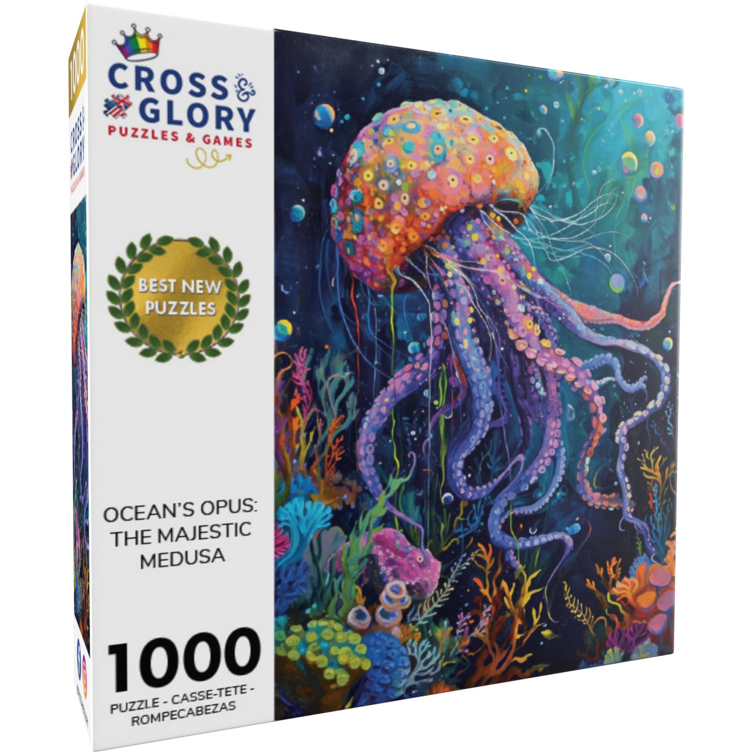Cross & Glory - Ocean’s Opus: The Majestic Medusa - Jigsaw Puzzles 1000 Pieces for Adults | Marine Ocean Artwork Puzzle | Challenging Brain Teaser | Firework Jellyfish Design