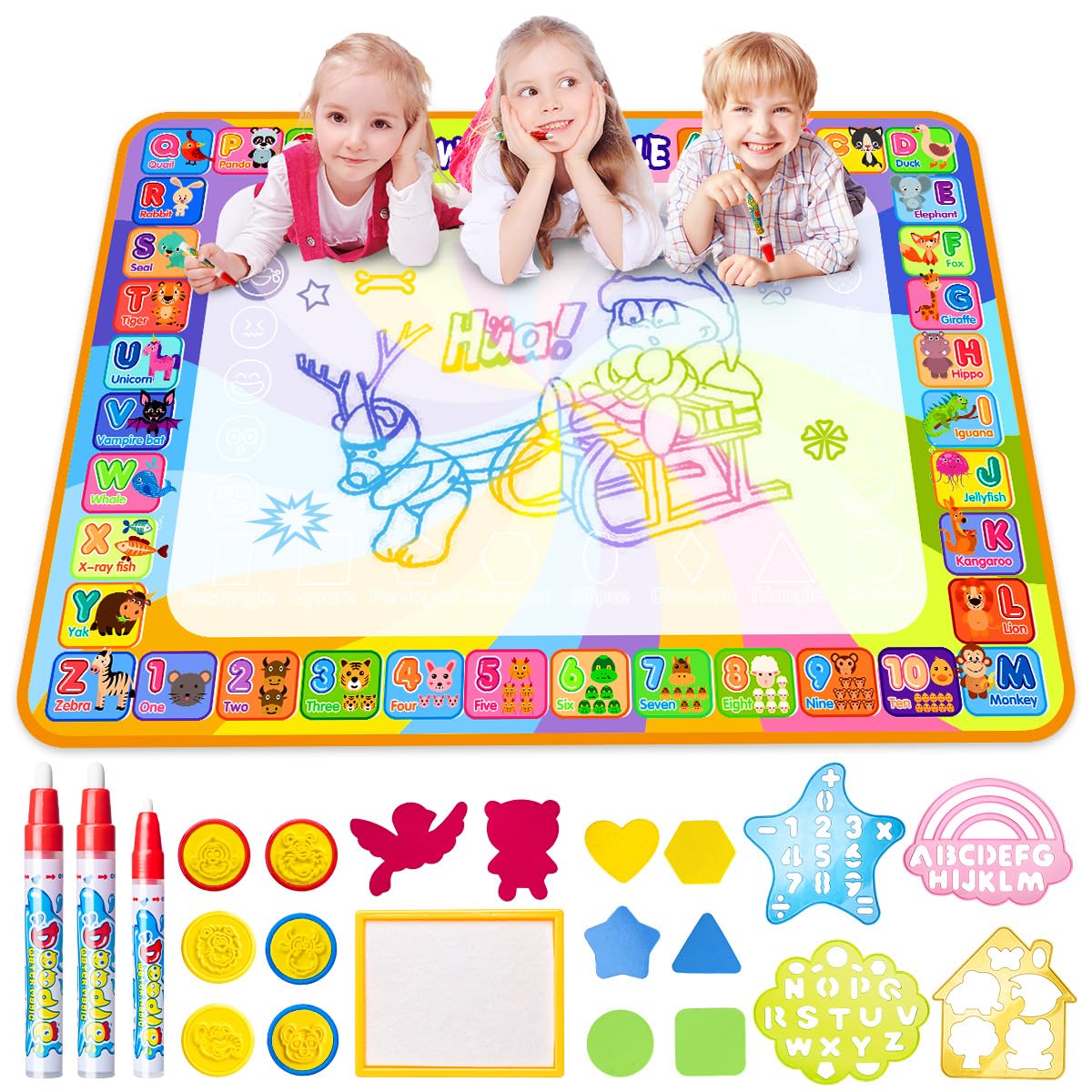 LOYO Water Doodle Magic Mat, 100 x 78cm Multicolored No Mess Water Drawing Mat with Water Pens & Stamps, Educational Toddler Toys for 3 to 6 Year Old Boys & Girls Crafts Gifts β image 1