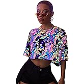 Floerns Women's Casual Reflective Short Sleeve Round Neck Crop Tops T Shirts