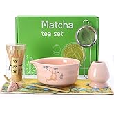 Matcha Whisk Set, Ceramic Matcha Set Includes Matcha Bowl, Matcha Whisk and Holder, Bamboo Scoop, Scoop Rest, Sifter and Tea Towel - 7 Pcs Matcha Kit(Pink)