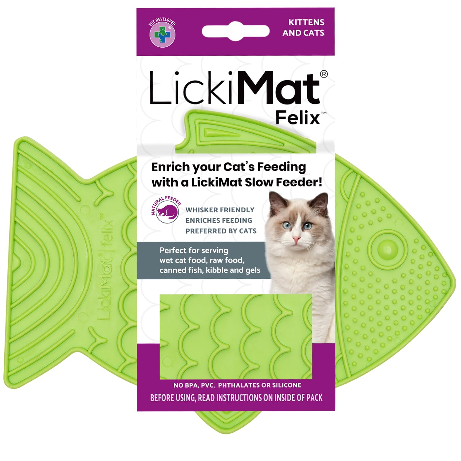 LICKIMAT Felix, Fish-Shaped Cat Slow Feeders for Feline Boredom and Anxiety Reduction; Perfect for Food, Treats and Anxiety Reduction, Green