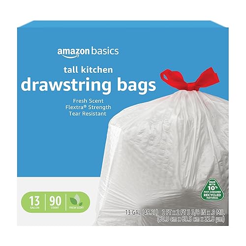 Amazon Basics 13 Gallon Flextra Strength Tall Kitchen Drawstring Trash Bags, Tear Resistant, 10% Post Consumer Recycled, 90 Count