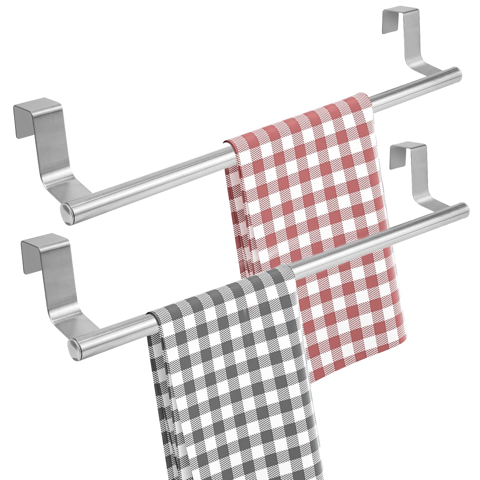 GZkushi Towel Holder, 2 Pack Stainless Steel Kitchen Cabinet Door Tea Towel Holder, No Drilling, 36 x 7 cm, Silver