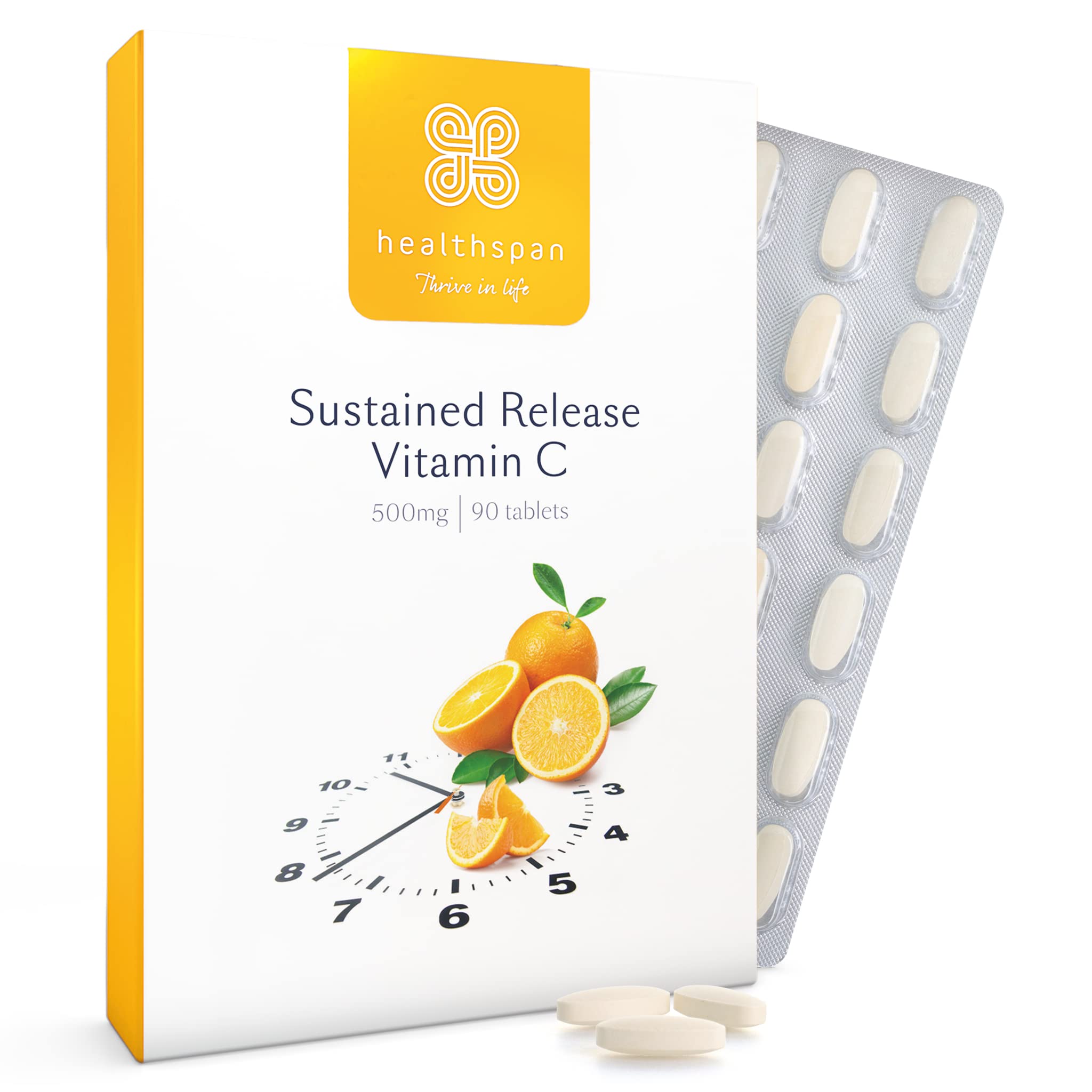 Healthspan Vitamin C Sustained Release 500mg (3 Months' Supply) | to Support Your Immune and Nervous Systems | Added zinc to Support Cognitive Function | Vegan