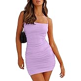 HOCILLE Women's Sexy Halter Bodycon Backless Ruched Spaghetti Strap Mini Club Party Dresses
