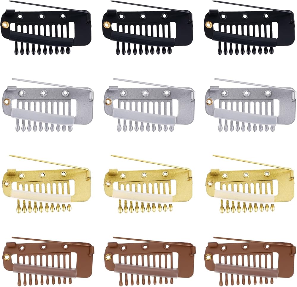 NQEUEPN 12pcs Hair Clip with Safety Pins 10-Teeth Wig Clips Black White Gold