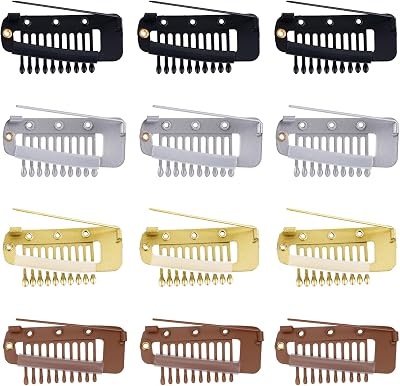 NQEUEPN 12pcs Hair Clip with Safety Pins 10-Teeth Wig Clips Black White Gold