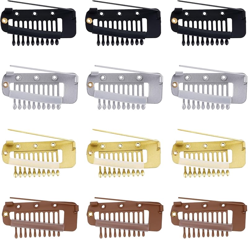 NQEUEPN 12pcs Hair Clip with Safety Pins 10-Teeth Wig Clips Black White Gold