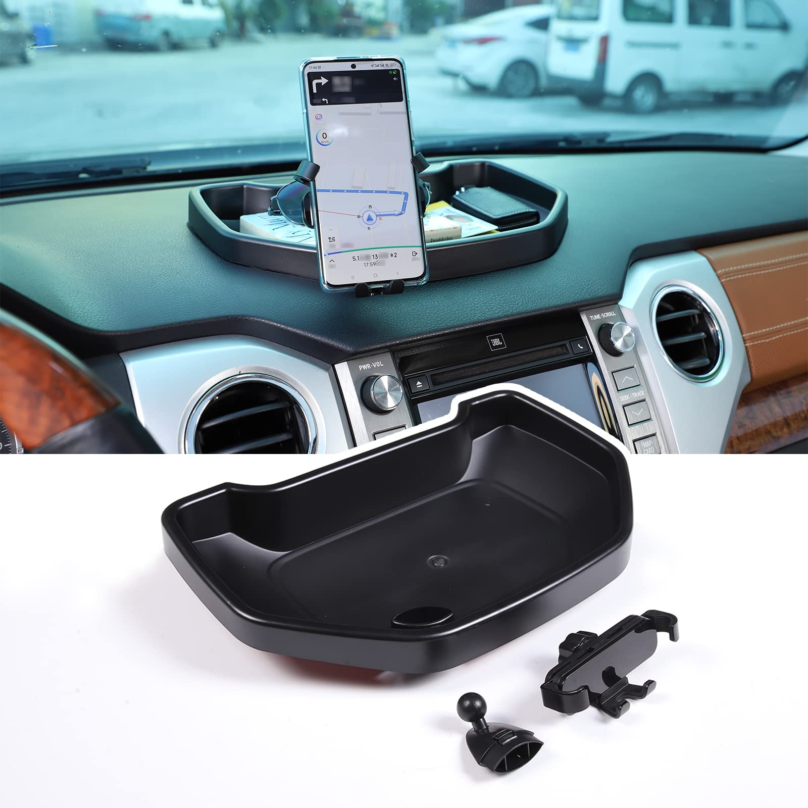 Photo 1 of LLKUANG Black ABS Car Center Console Dash Table Storage Tray Fit for Toyota Tundra 2014-2021 Instrument Organizer Vertical Placement Phone Holder Cradle Accessories(with Mobile Phone Holder(B))