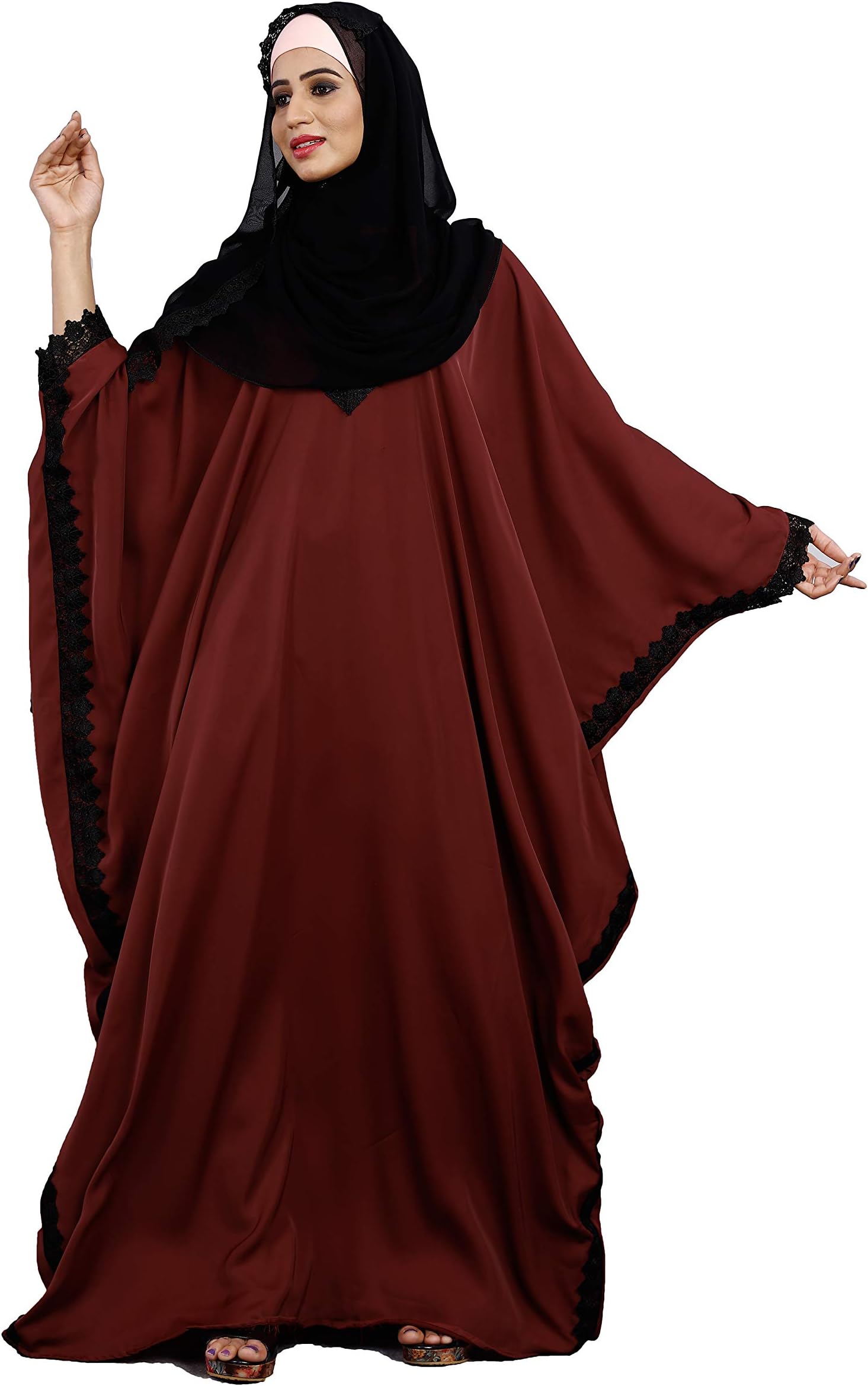 JustkartitWomen's Nida Long Abaya with Lace Work and Hijab (Peach, Free Size)
