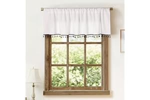 OINDEC Faux Linen White Kitchen Valances with Tassels Modern Farmhouse Valance Curtains Topper Country Rustic Bathroom Small Window Treatment Boho Decor (54x15 inch, Black Tassels)