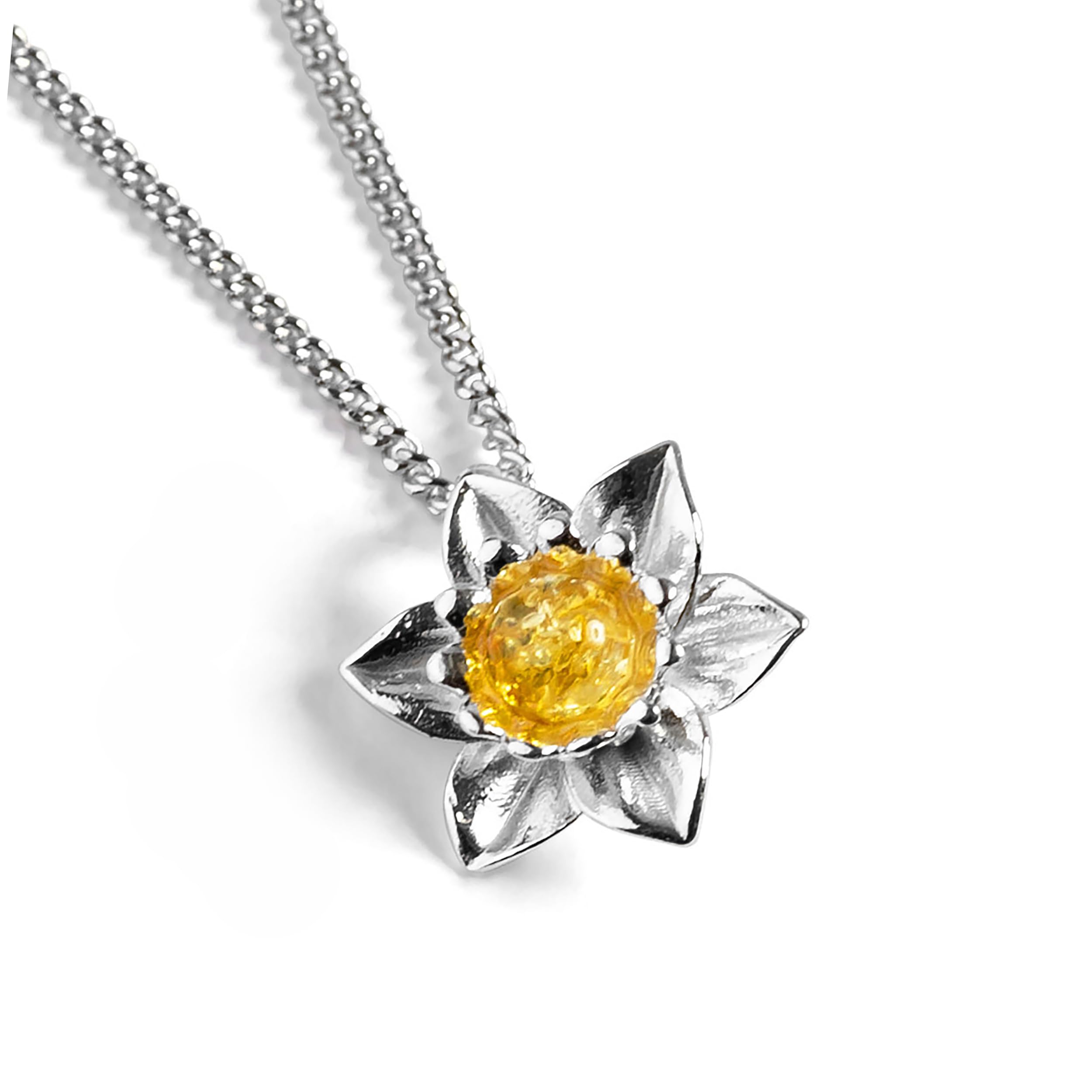 HENRYKA Daffodil Flower Necklace - 925 Solid Sterling Silver & Baltic Amber | Beautiful Welsh & Spring Floral Symbolism | Lovely Gift or Bridesmaid Accessory | Hypoallergenic | Pair With Any Outfit