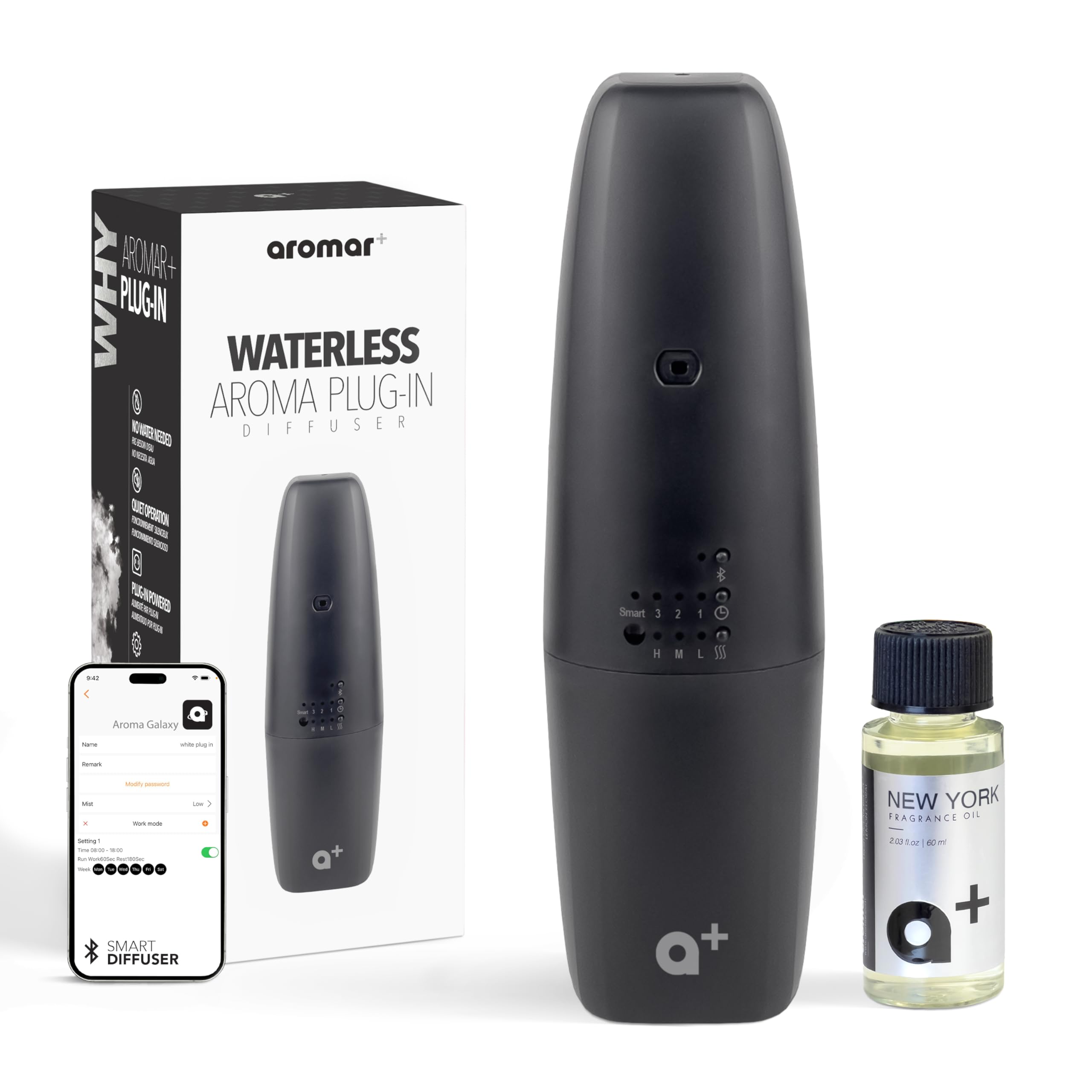 Photo 1 of AROMAR Waterless Plug-in Aroma Diffuser - Cold-Air Essential Oil Machine, App-Controlled, Covers 500 Sq.Ft - 'New York' Scent Included - Perfect for Home, Office, & Business use - Black