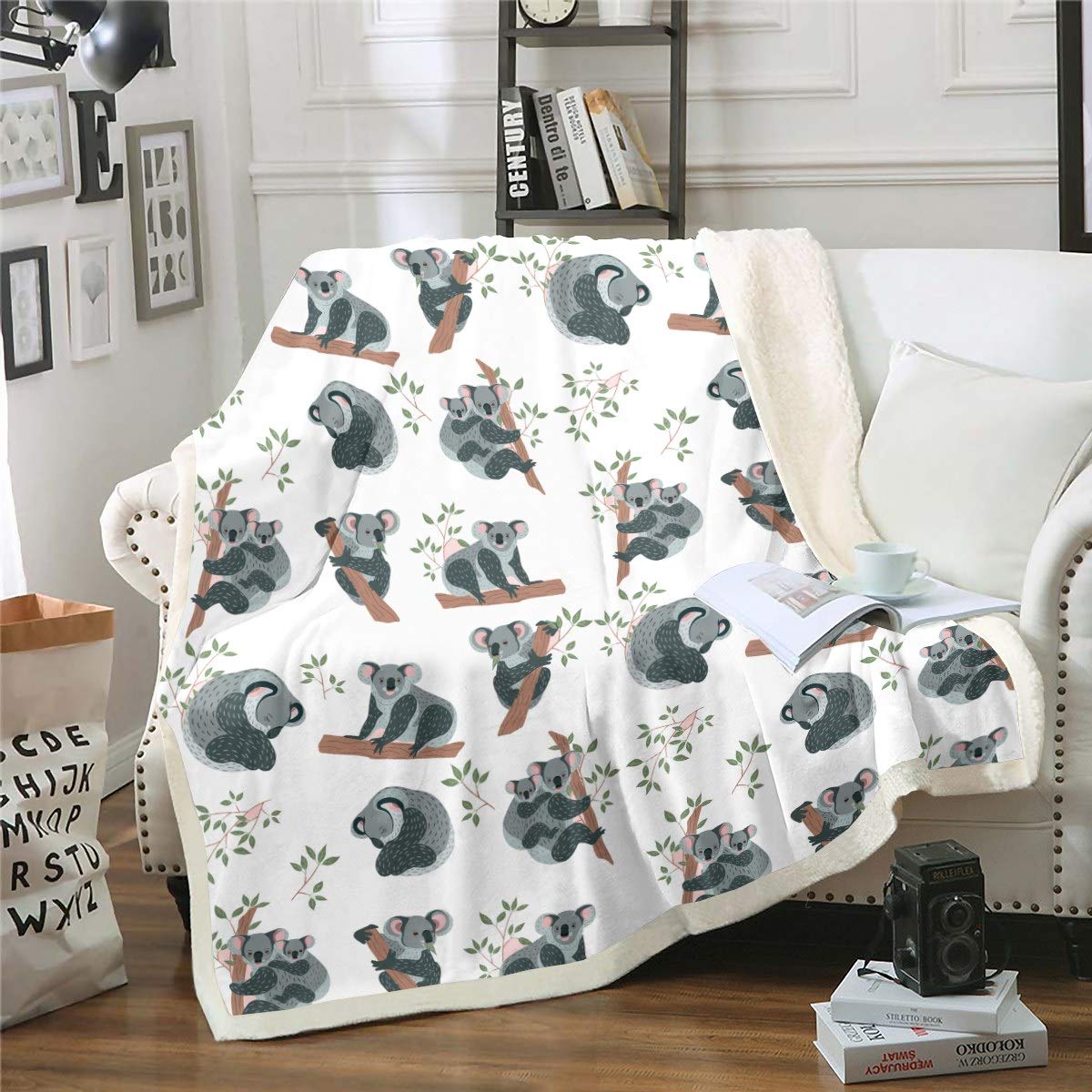 Loussiesd Cute Koala Fuzzy Blanket Cartoon Animal Theme Fleece Blanket Tree Branches Sherpa Throw Blanket for Sofa Couch Bedroom Decor Nature Theme Plush Blanket Single 50"x60"