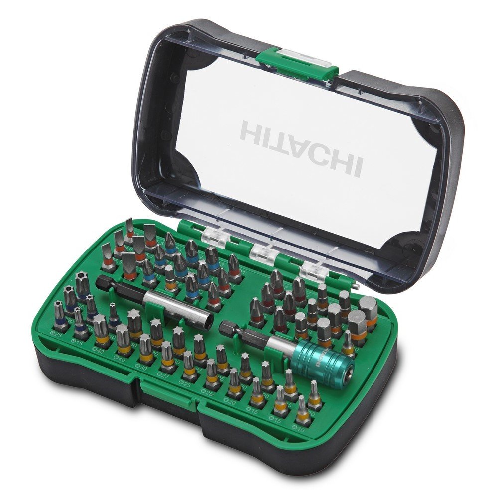 HIKOKI 750364 Set with 60 Phillips Pozidriv Torx screwdriver stamps, tamper-proof, hexagon and flat + bit holder + adapter