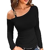 VICHYIE Womens Sexy Asymmetrical Neck Long Sleeve Cold Shoulder Shirts Ribbed Knit Slim Fitted Trendy Fashion Tops
