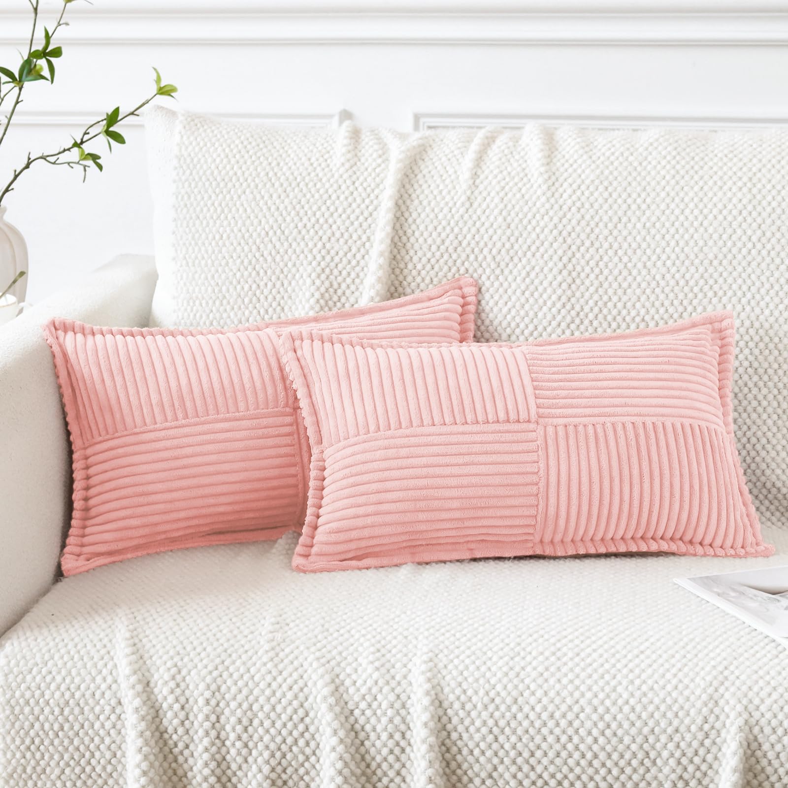 Artscope Corduroy Cushion Covers Pack of 2 Modern Patchwork Throw Pillow Covers Soft Pillowcase Broadside Decorative Textured Cushions for Home decor Sofa Bedroom Couch Pink 30x50cm โ image 1