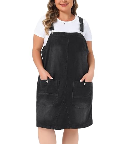 WDIRARA Women's Plus Size Denim Overall Dress Raw Hem Short Jean Pinafore Dress with Pockets Dark Wash X-Large Plus : Clothing, Shoes & Jewelry