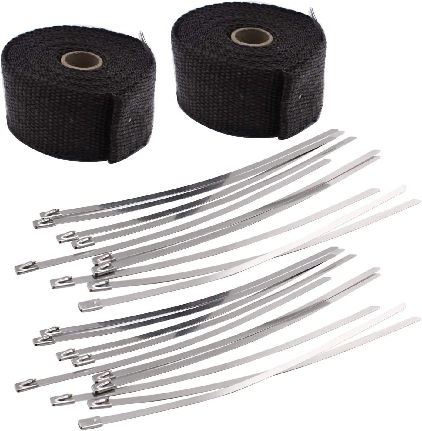 2*5M 2 ROLL Manifold Exhaust Header Pipe Black Fiberglass Heat Wrap Tape +20 Ties stainless steel zip ties