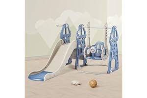 DUKE BABY 4 in 1 Toddler Slide and Swing Set, Kid Slide for Toddlers Age 1-2, Baby Slide with Basketball Hoop, Indoor Outdoor Slide Toddler Playset Toddler Playground– Blue