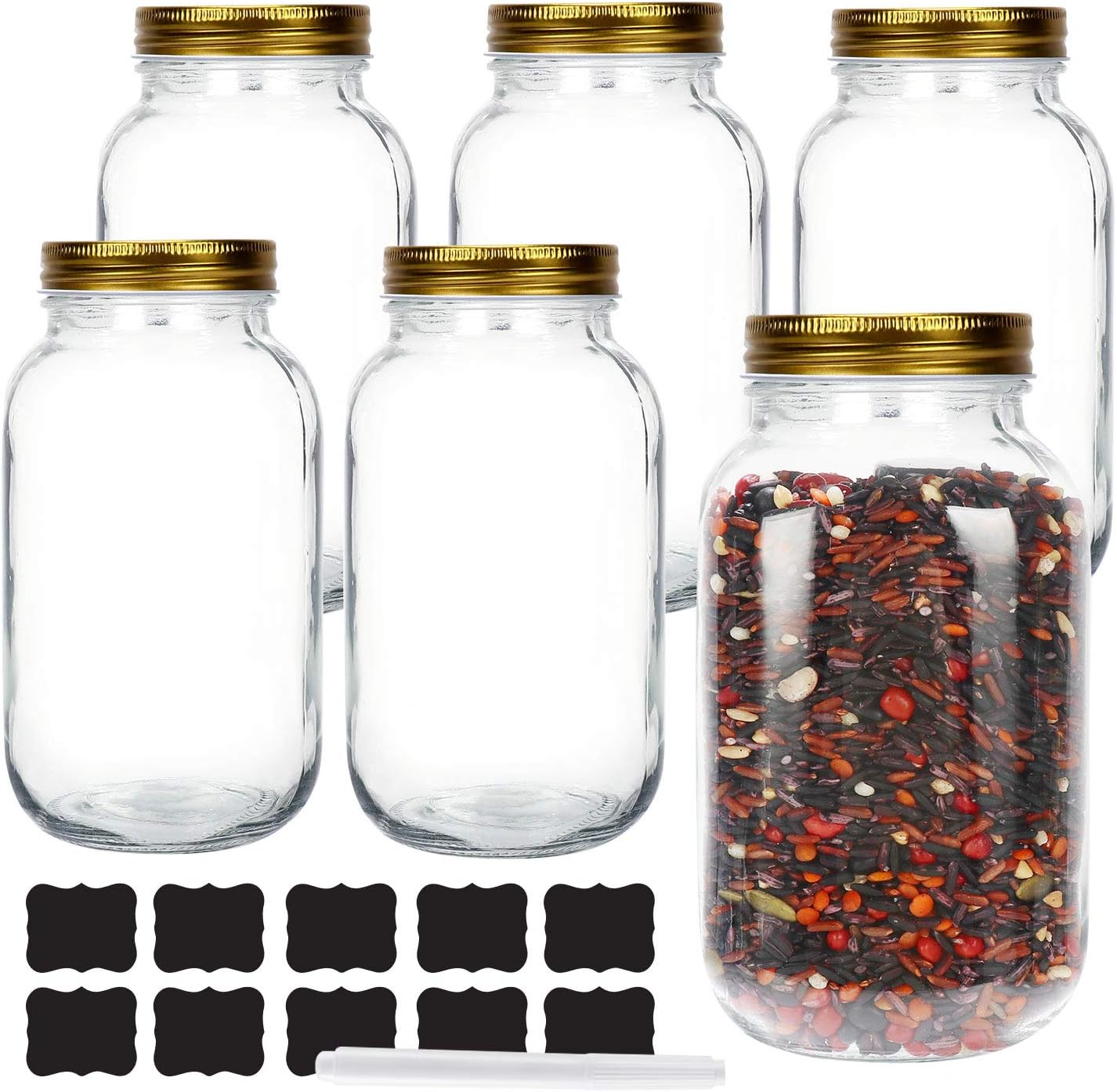 6 Pack 1 Liter 34 oz Glass Mason jars With Regular Mouth Lids, Perfect Containers for Jam, Honey, Candies,Wedding Favors, Decorations, Baby Foods. Included 1 Pens and 10 Labels.