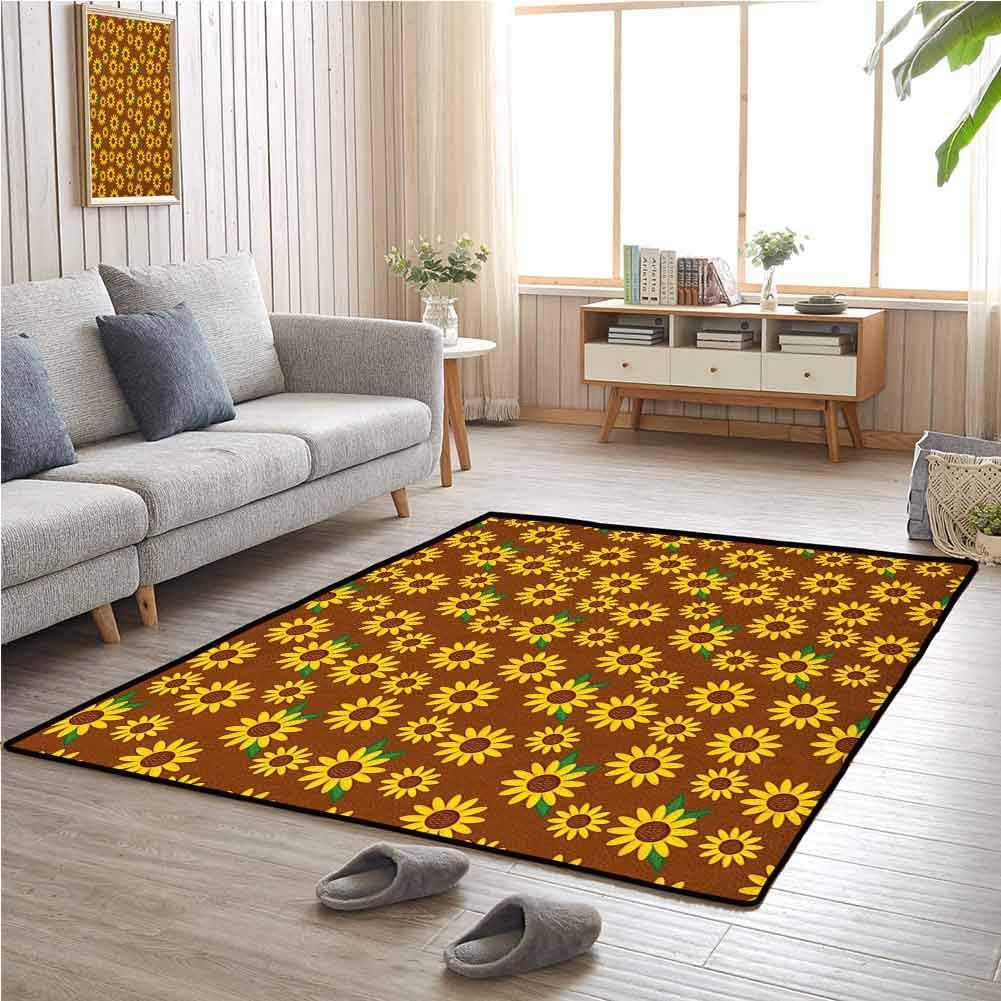 Area Rug, Slip-Resistant Extra Absorbent Fashions Natural Style for Room Home Bedroom, Sunflower | Cartoon Blossoms Lively Petals and Green Leaves Nature Gardening Plants - 3'x4' Brown Yellow Green