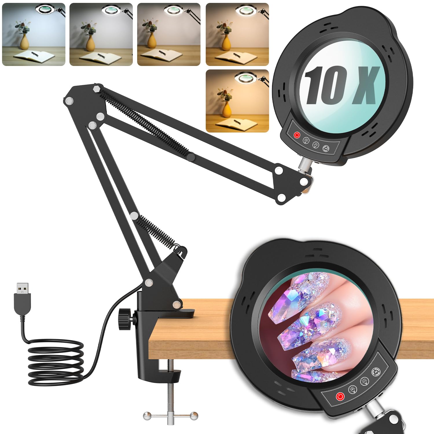 Photo 1 of 10X Magnifying Glass with Light and Clamp, 5 Color Modes Stepped Dimmable 2-in-1 with LED Desk Lamp, Hands Free Magnifier with Light for Close Works Craft Hobby Painting Reading DIY Repair