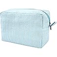 GFU Makeup Bag for Women, Cute Cosmetic Bag, Lightweight Toiletry Make up Bag, Large Seersucker Aesthetic Organizer Storage Pouch for Girls, Women and Moms Gifts, Lightblue