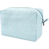 GFU Makeup Bag for Women, Cute Cosmetic Bag, Lightweight Toiletry Make up Bag, Large Seersucker Aesthetic Organizer Storage Pouch for Girls, Women and Moms Gifts, Lightblue