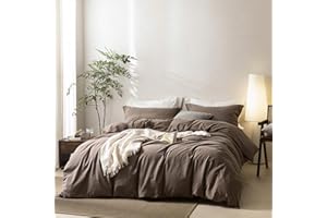 BDEAR Linen Feel Light Chocolate Brown Duvet Cover Queen Size 90'' L x 90'' W, 100% Washed Cotton Duvet Cover with Zipper Closure Plus 2 Pillowcases, Oeko TEX Standard Certificated