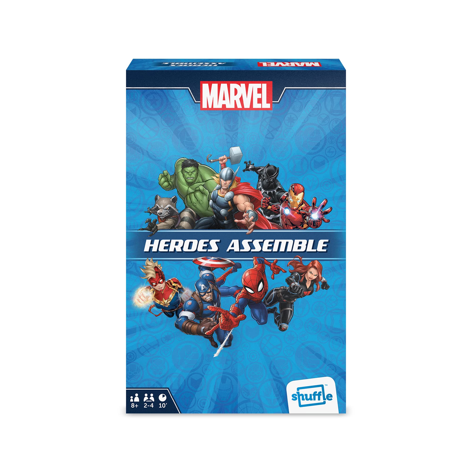 Shuffle Marvel Heroes Assemble Card Game, Defeat Villains Within 6 Minutes, 2-4 Players, Great Gift For Kids Aged 8+, Blue