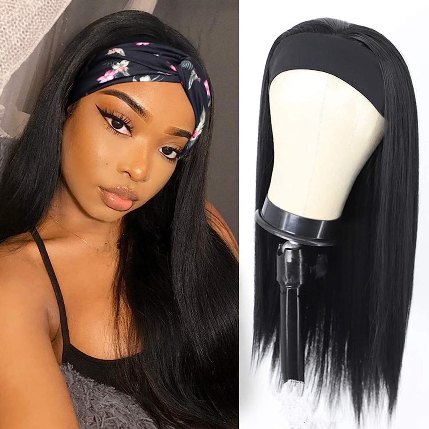 Headband Wig Human Hair 18 inch Straight Human Hair Wigs for Woman Glueless None Lace Front Wigs Brazilian Virgin Human Hair Wigs Wear and Go 150% Density Natural Black Color