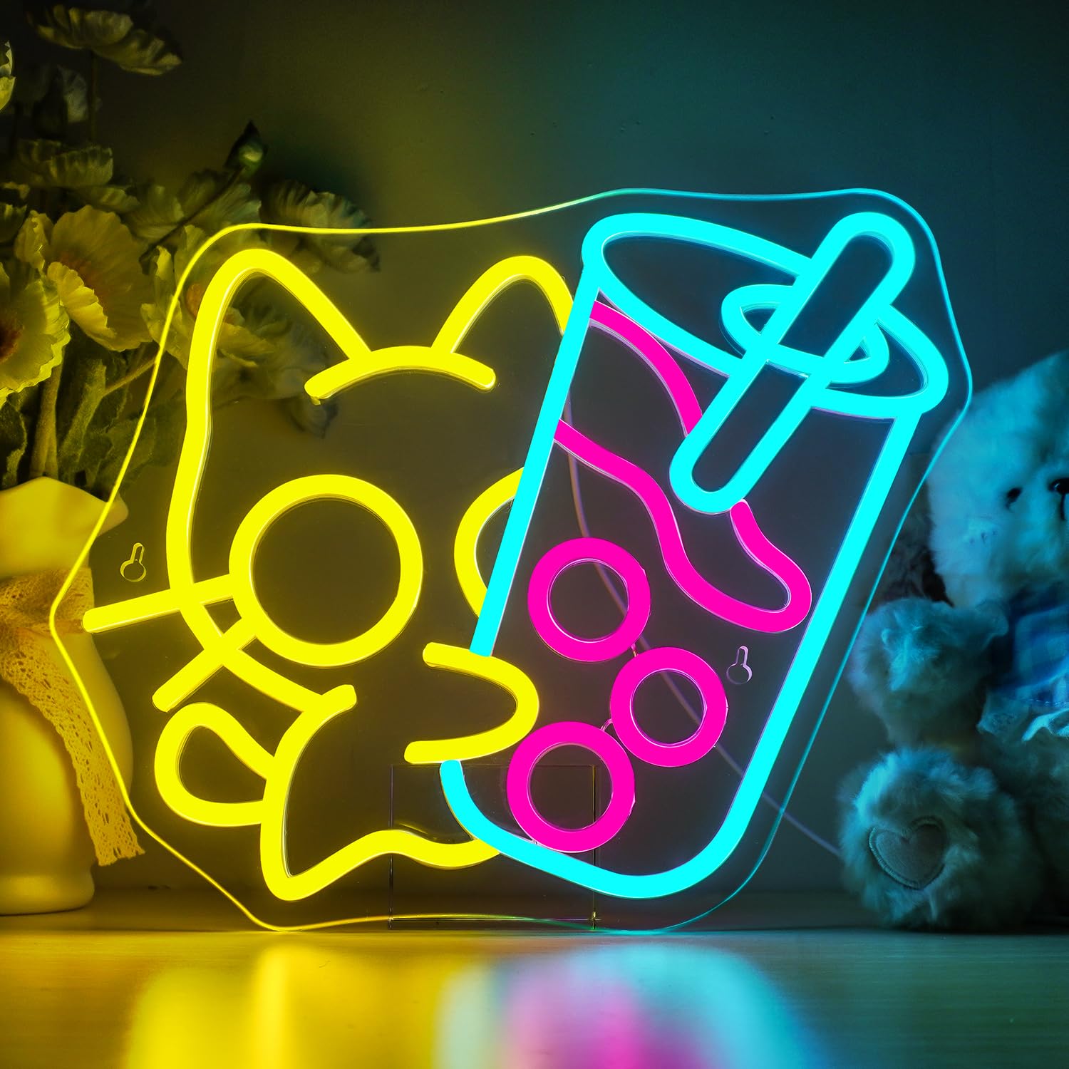 Horseneon Boba Tea Cat Neon Sign Drink Cat Neon Light for Wall Bubble Tea Neon Signs Drink Led Neon Lights for Bedroom Dessert Stores Bar Living Room Store Beverage Shop
