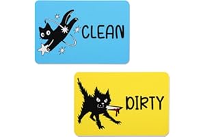 2pcs Black Cat Clean Dirty Dishwasher Magnets, Double-Sided Funny Square Pet Dish Washer Magnet Sign for Kitchen Refrigerator