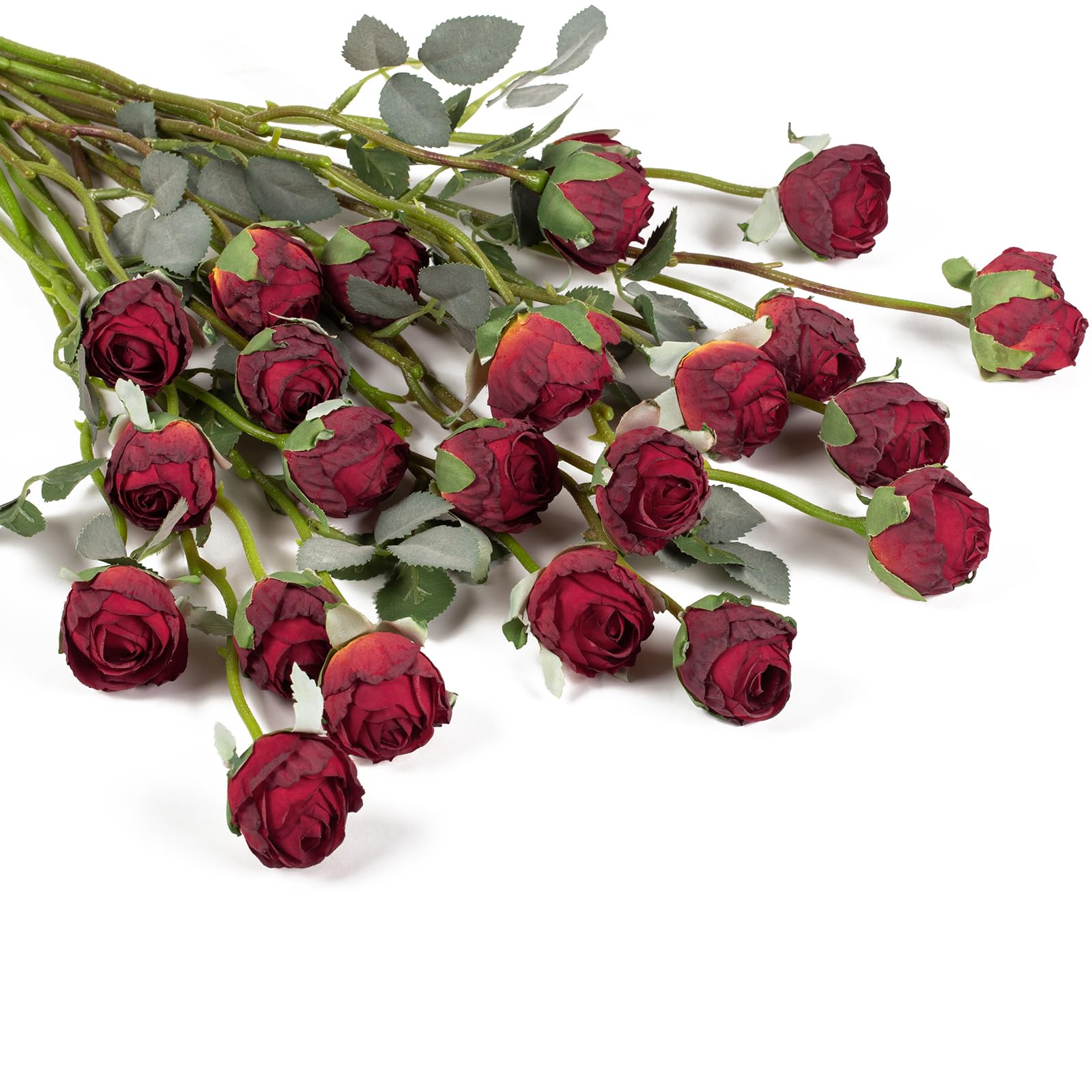 DuHouse 24pcs Artificial Silk Roses with Long Stems – Vintage Style Fake Rose Flowers for DIY Bouquets, Wedding Centrepieces, Party or Home Decoration(Vintage Red)