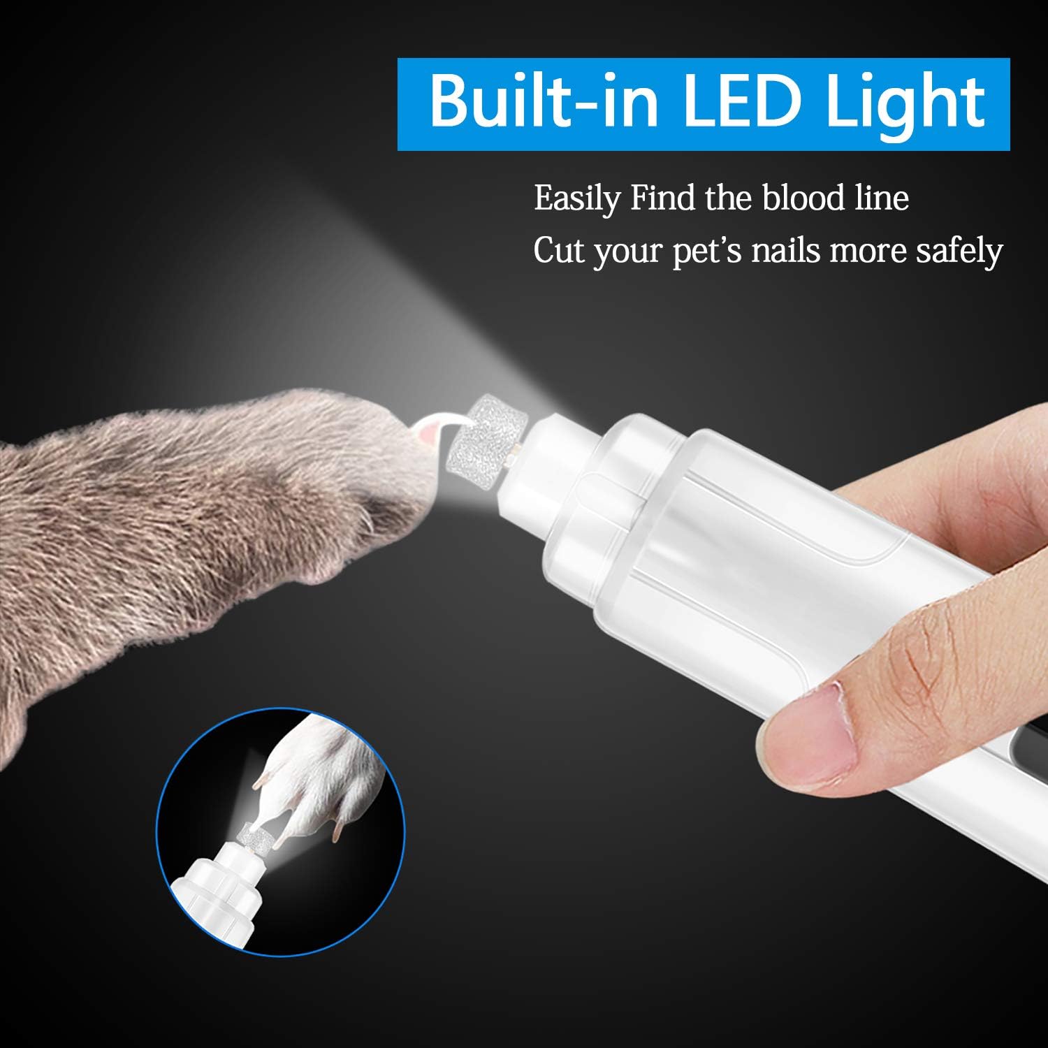 Dog Nail Grinder with LED Light, 2020 Upgraded Professional Pet Nail Grinder Low Noise 2 Speed Electric Rechargeable Painless Paws Grooming Trimming Smoothing for Small Medium Large Dogs & Cats