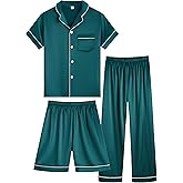 OEIU Girls Boys Silky Satin Pajamas Set 3 Pcs for Kid Children Silk pjs Set Sleepwear Button-up Nightwear
