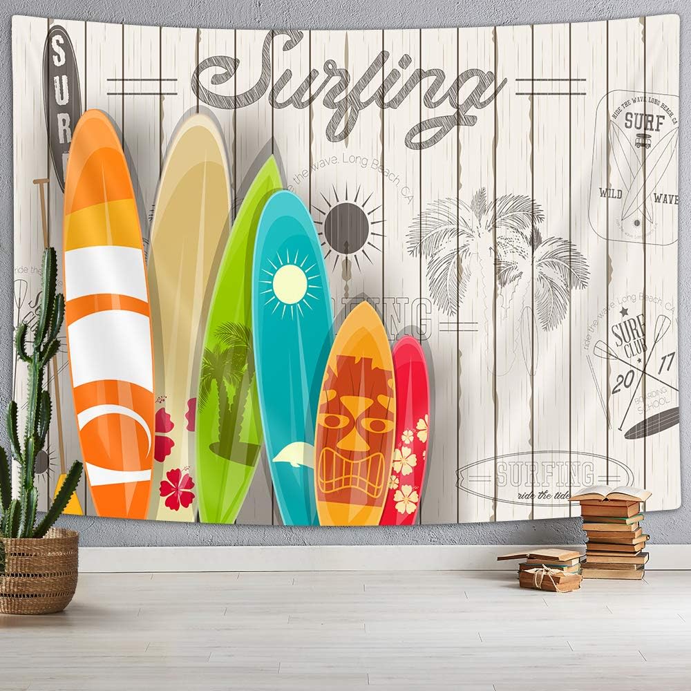 Amazon Com Nymb Summer Surf Tapestry Wall Hanging Tropical Colorful Surfboard On Wooden Board Wallpaper Wall Blanket Tapestry Wall Art For Bedroom Living Room Collage Dorm Tv Backdrop 71 W X 60 H Everything Else