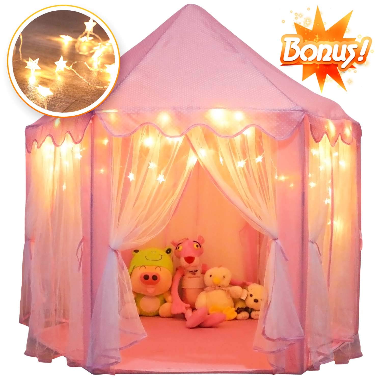 Orian Princess Castle Playhouse Tent for Girls with LED Star Lights - Indoor and Outdoor Large Kids Play Tent for Imaginative & Pretend Games - ASTM Certified, Cool Toys for Girls 55 x 53 inch (Pink)