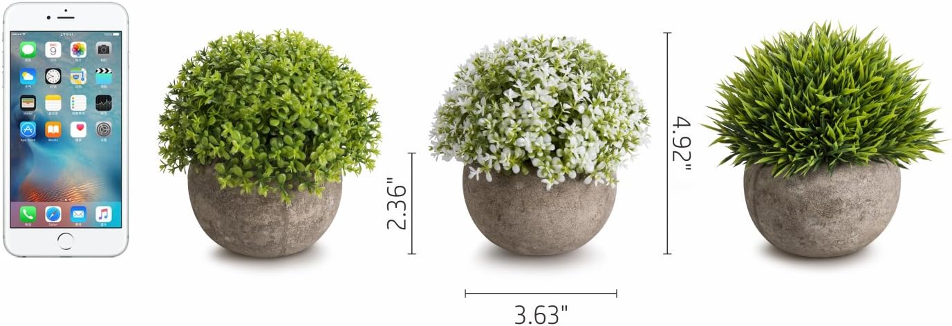 Opps Artificial Plastic Mini Plants Unique Fake Fresh Green Grass Flower in Gray Pot for Home Décor – Set of 3 -